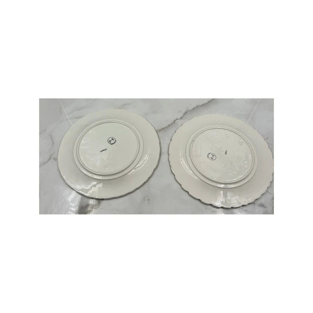 Vintage P-V France White Strawberry Floral Embossed Plates Set of 2 Scalloped 8